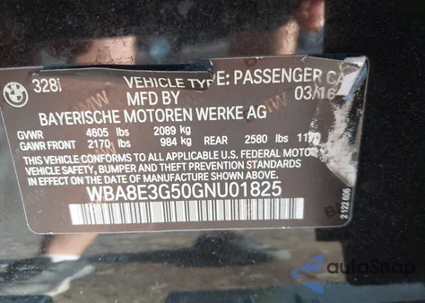 2016 BMW 328I xDrive from USA, damaged, VIN WBA8E3G50GNU01825